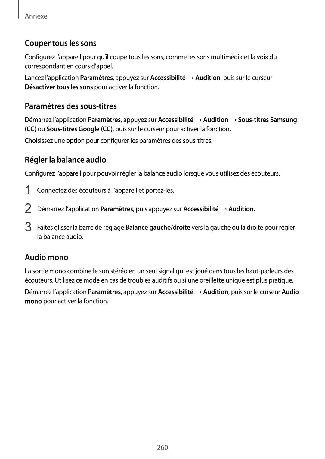Samsung SM-N950FZBAXEF manual Couper tous les sons, Paramètres des sous-titres, Régler la balance audio, Audio mono 