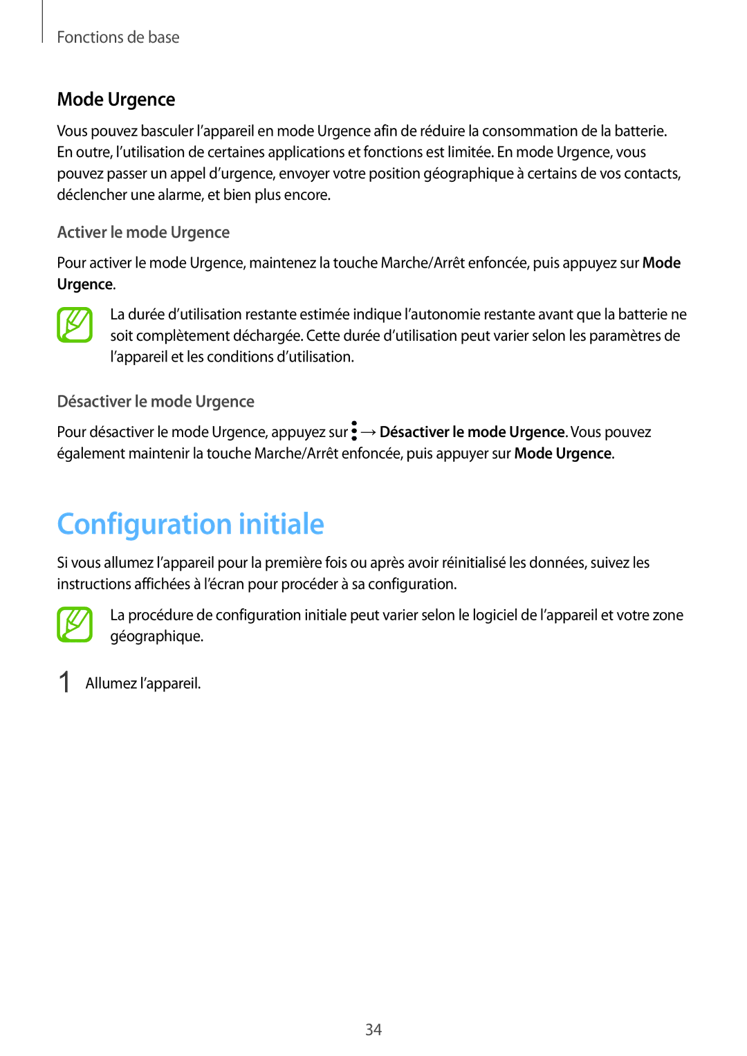 Samsung SM-N950FZKAXEF manual Configuration initiale, Mode Urgence, Activer le mode Urgence, Désactiver le mode Urgence 