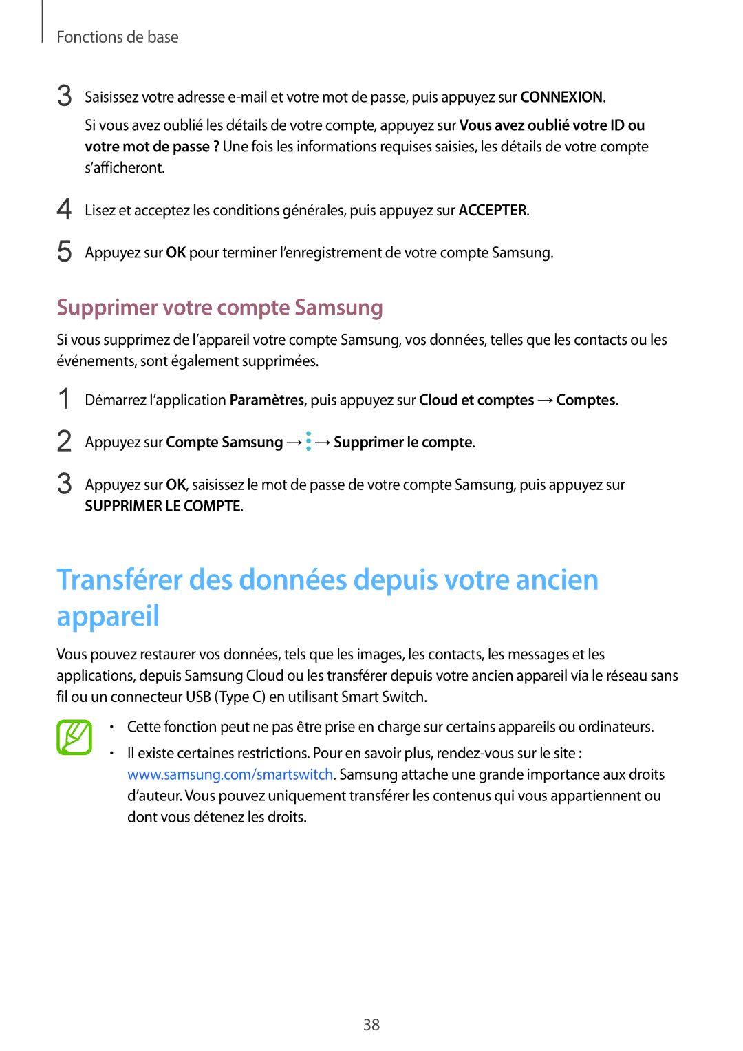 Samsung SM-N950FZKAXEF, SM-N950FZBAXEF Transférer des données depuis votre ancien appareil, Supprimer votre compte Samsung 