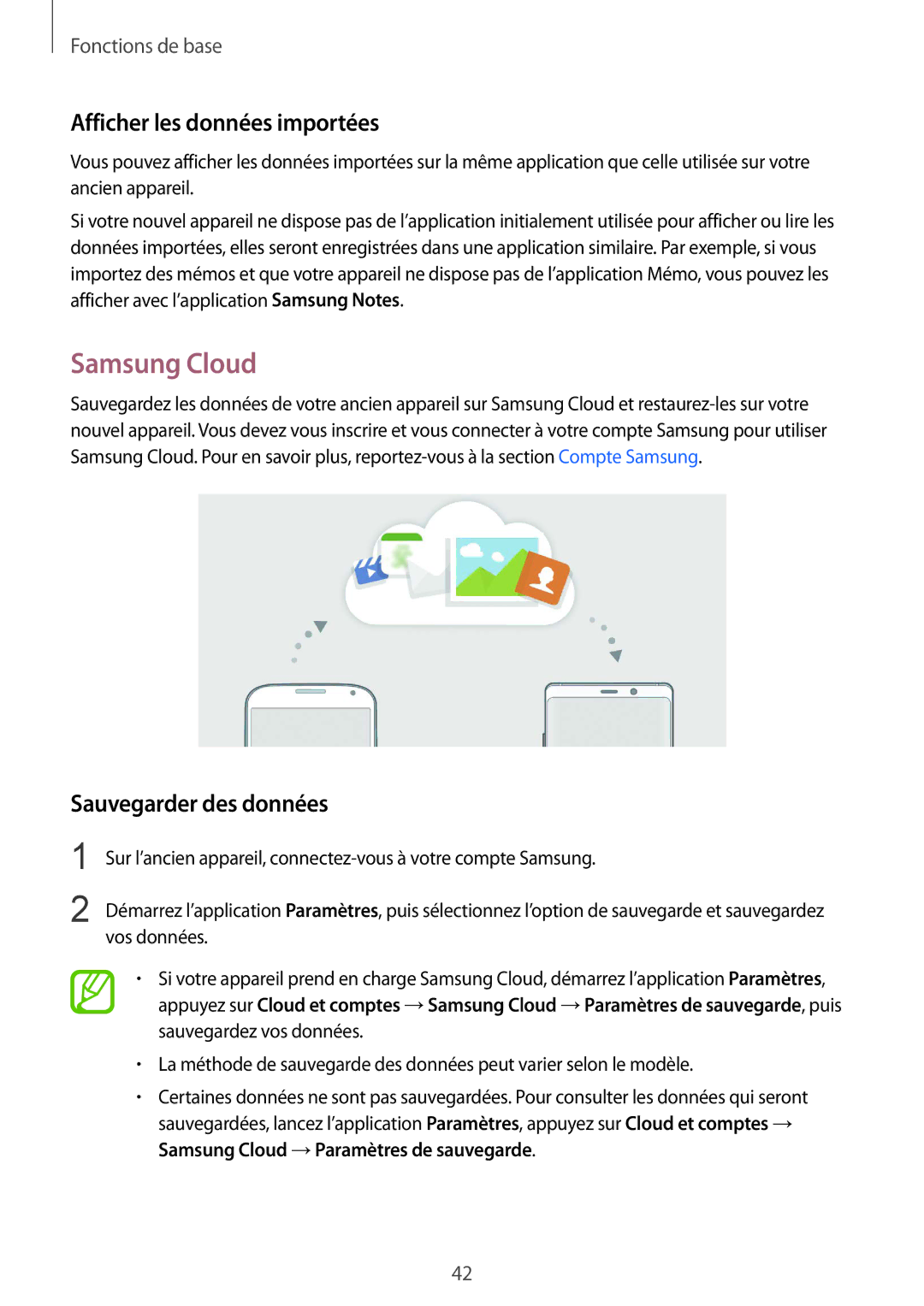 Samsung SM-N950FZKAXEF, SM-N950FZBAXEF manual Samsung Cloud, Afficher les données importées, Sauvegarder des données 