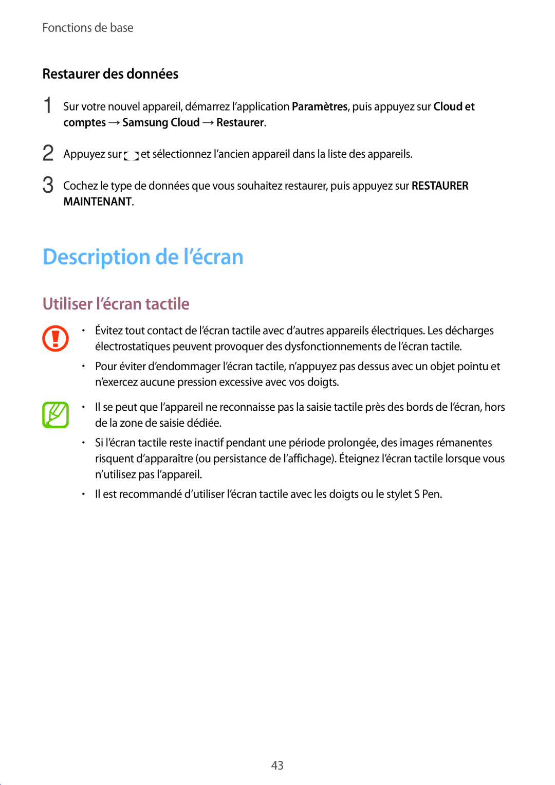 Samsung SM-N950FZKDXEF, SM-N950FZBAXEF manual Description de l’écran, Utiliser l’écran tactile, Restaurer des données 