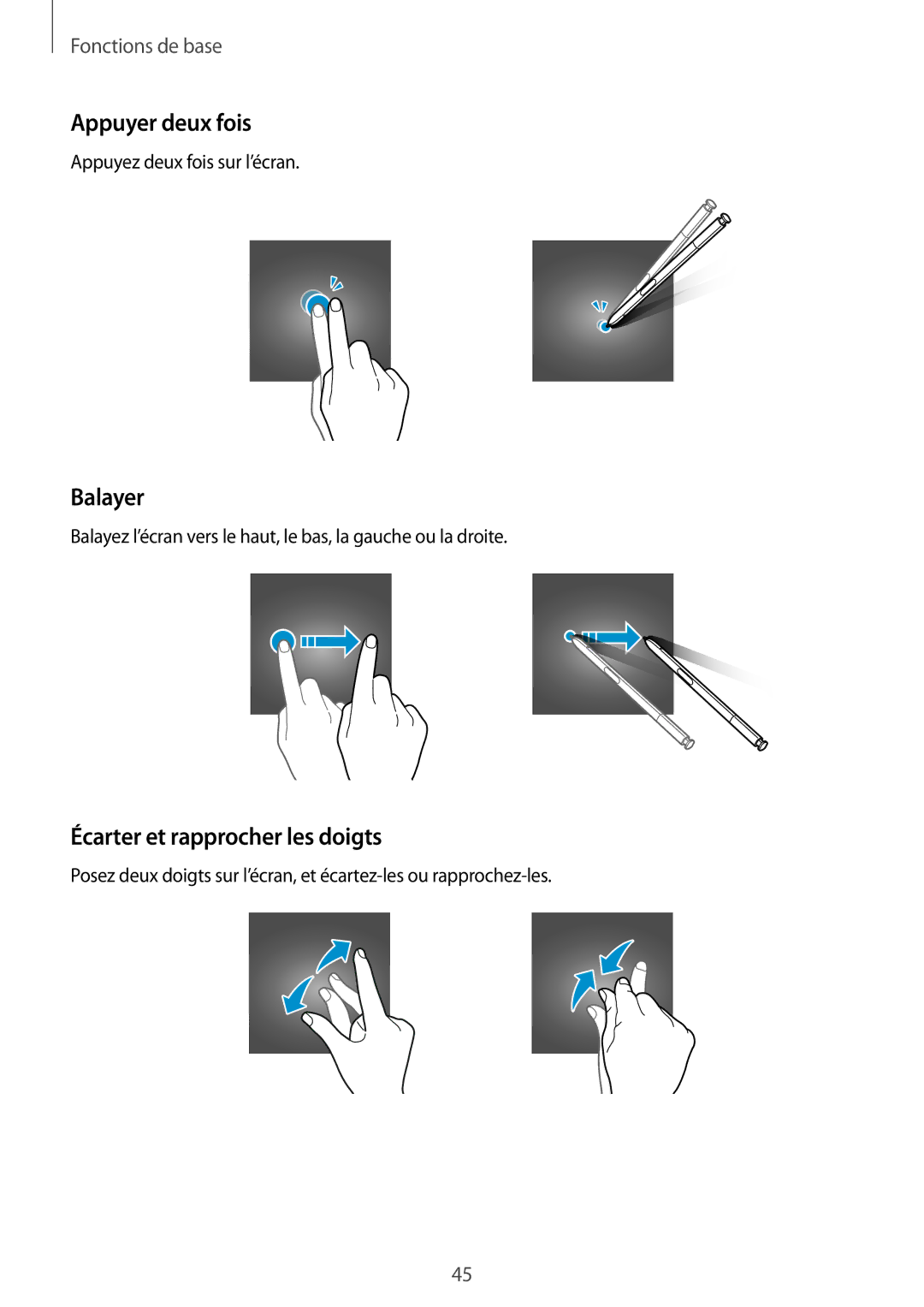 Samsung SM-N950FZDAXEF, SM-N950FZBAXEF, SM-N950FZKAXEF manual Appuyer deux fois, Balayer, Écarter et rapprocher les doigts 