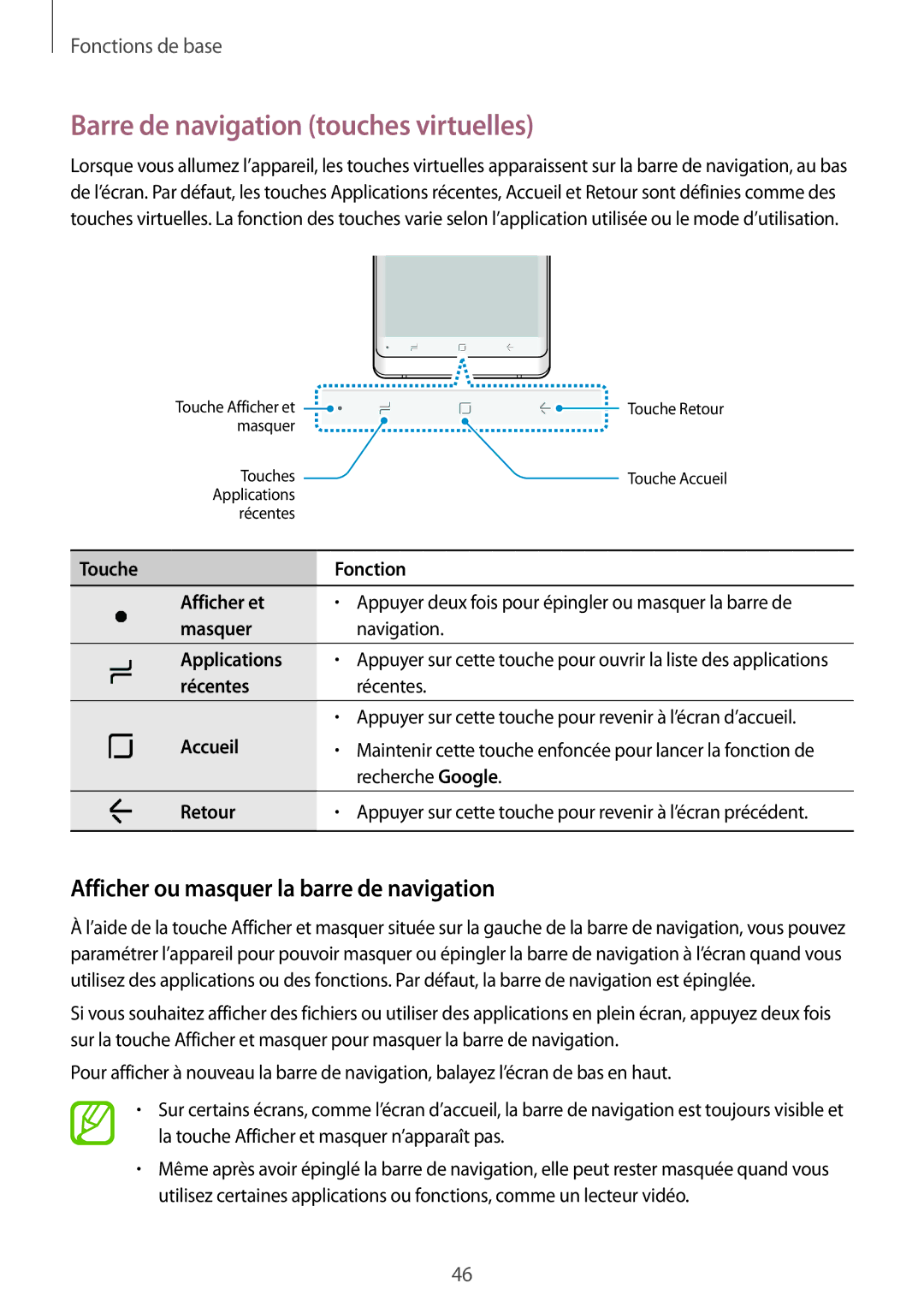 Samsung SM-N950FZKAXEF, SM-N950FZBAXEF Barre de navigation touches virtuelles, Afficher ou masquer la barre de navigation 