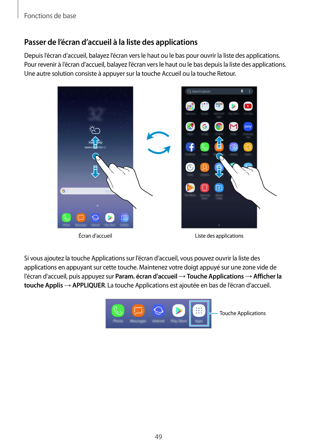 Samsung SM-N950FZDAXEF, SM-N950FZBAXEF, SM-N950FZKAXEF manual Passer de l’écran d’accueil à la liste des applications 