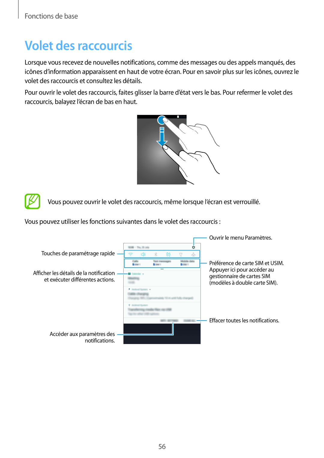 Samsung SM-N950FZBAXEF, SM-N950FZDAXEF, SM-N950FZKAXEF, SM-N950FZKDXEF Volet des raccourcis, Touches de paramétrage rapide 