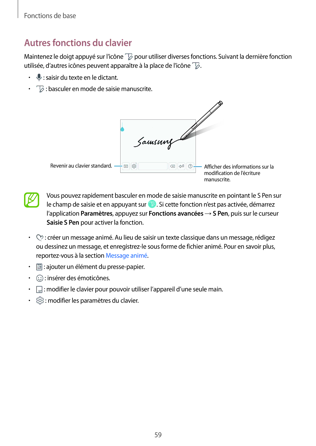 Samsung SM-N950FZKDXEF, SM-N950FZBAXEF, SM-N950FZDAXEF, SM-N950FZKAXEF manual Autres fonctions du clavier 