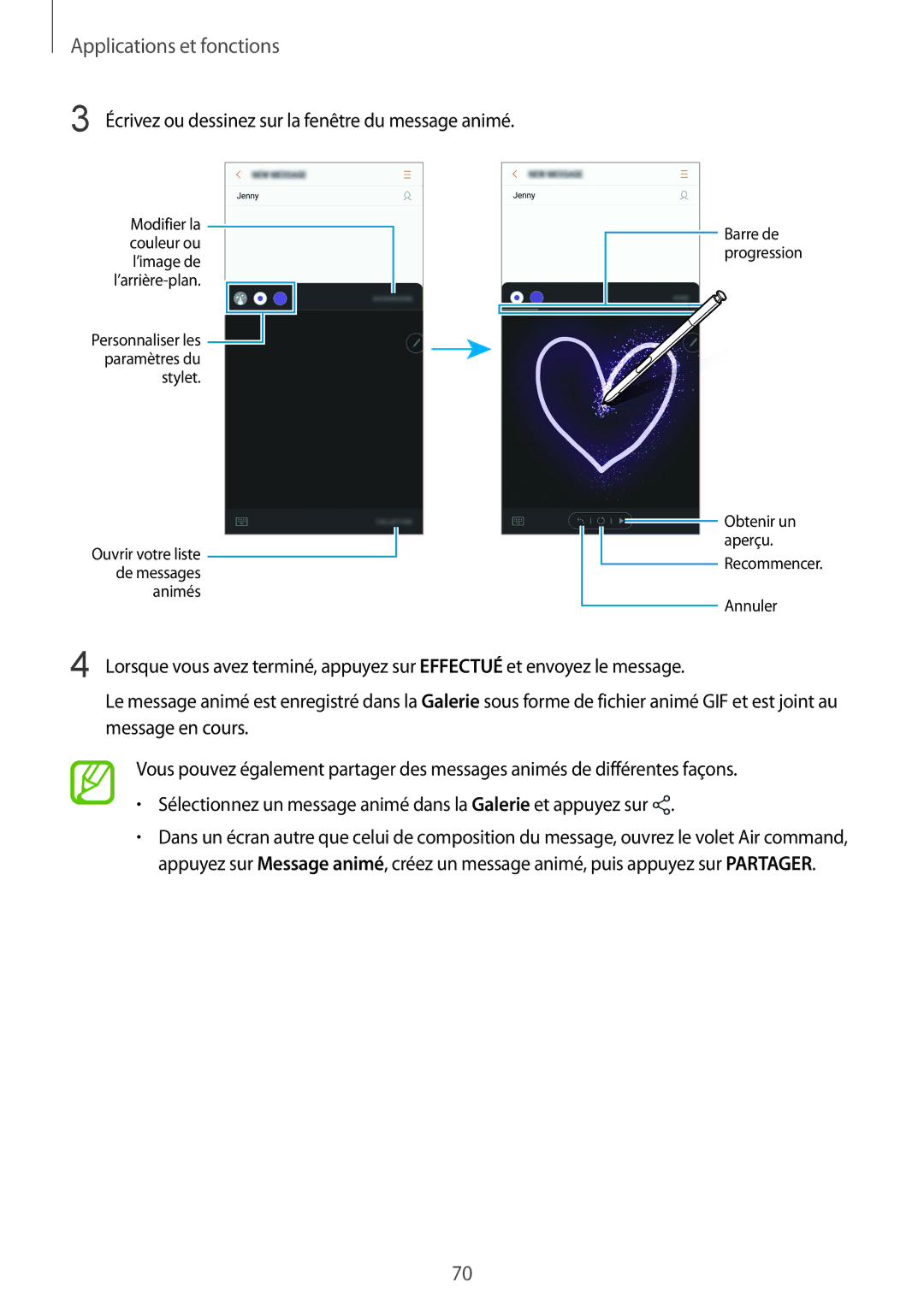 Samsung SM-N950FZKAXEF, SM-N950FZBAXEF, SM-N950FZDAXEF, SM-N950FZKDXEF Écrivez ou dessinez sur la fenêtre du message animé 