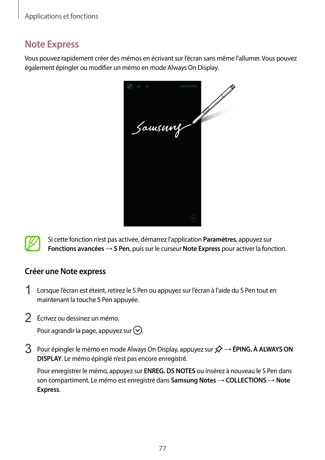 Samsung SM-N950FZDAXEF, SM-N950FZBAXEF, SM-N950FZKAXEF, SM-N950FZKDXEF manual Créer une Note express 