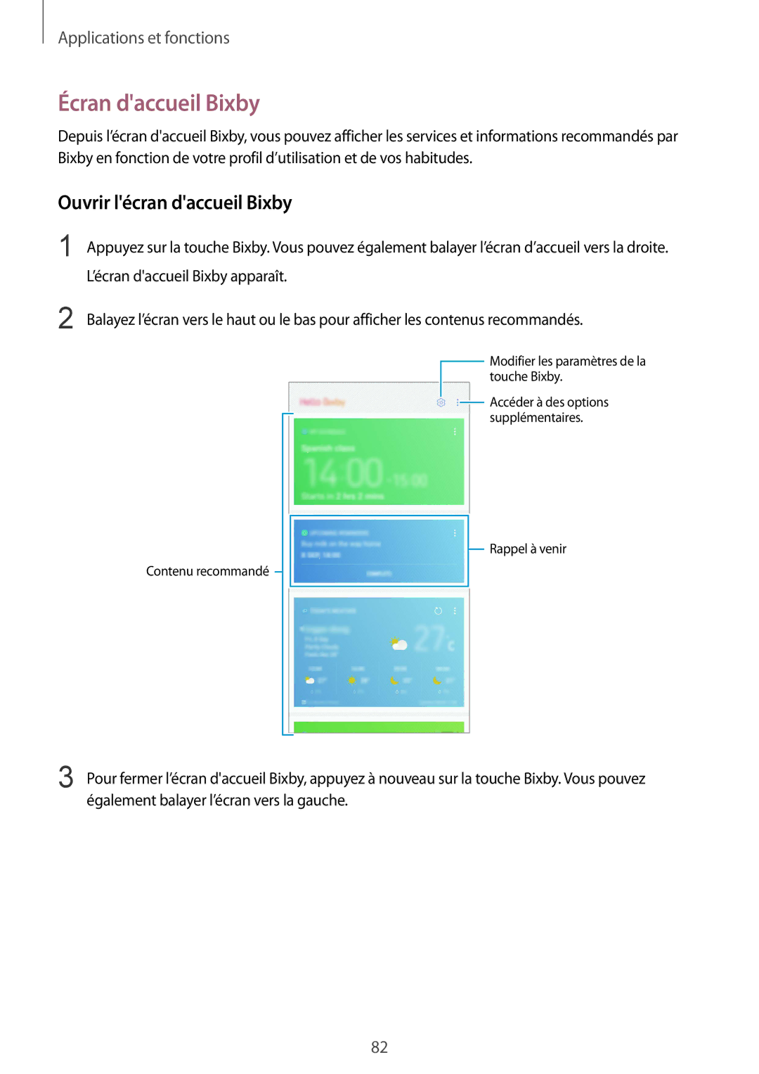 Samsung SM-N950FZKAXEF, SM-N950FZBAXEF, SM-N950FZDAXEF, SM-N950FZKDXEF Écran daccueil Bixby, Ouvrir lécran daccueil Bixby 