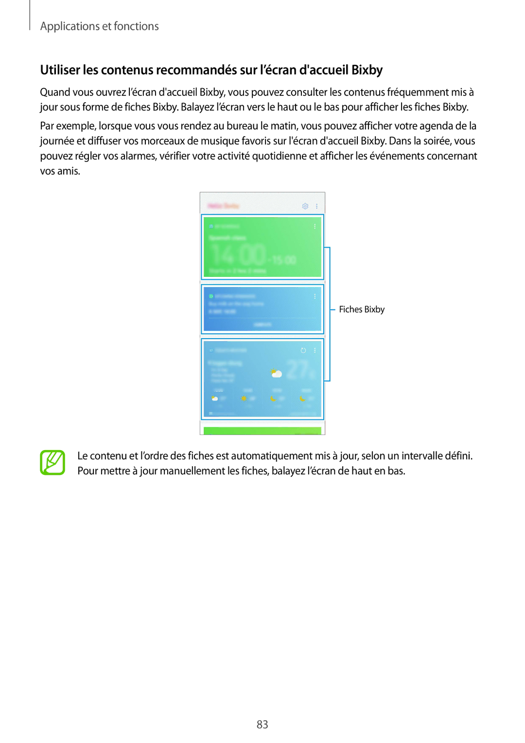 Samsung SM-N950FZKDXEF, SM-N950FZBAXEF, SM-N950FZDAXEF manual Utiliser les contenus recommandés sur l’écran daccueil Bixby 