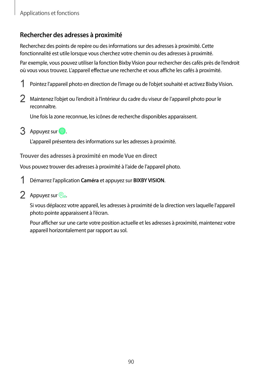 Samsung SM-N950FZKAXEF manual Rechercher des adresses à proximité, Trouver des adresses à proximité en mode Vue en direct 