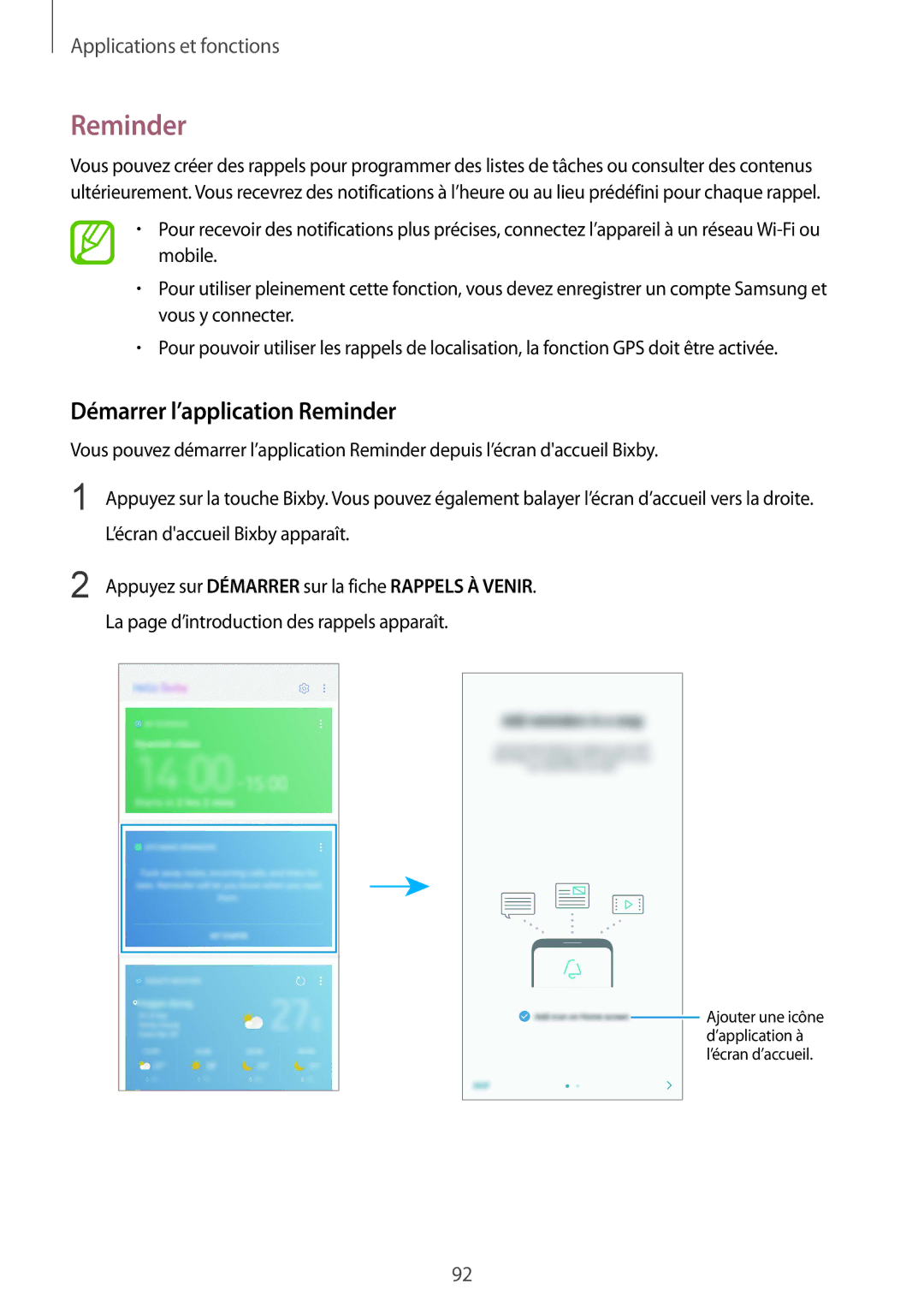 Samsung SM-N950FZBAXEF, SM-N950FZDAXEF, SM-N950FZKAXEF, SM-N950FZKDXEF manual Démarrer l’application Reminder 