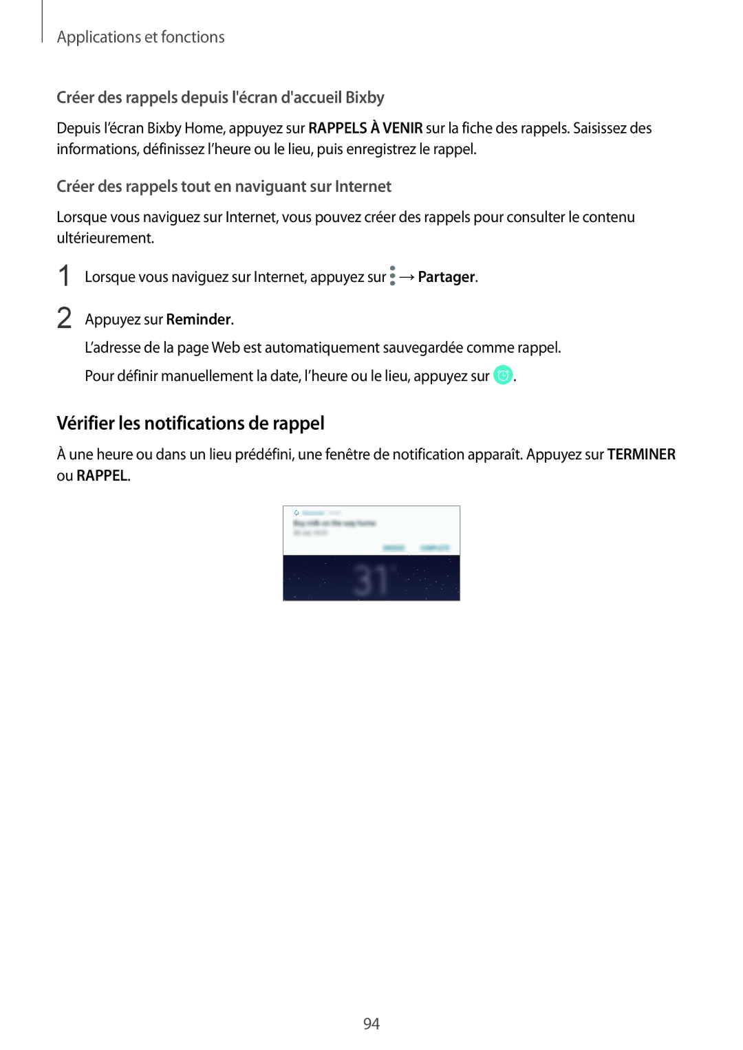 Samsung SM-N950FZKAXEF manual Vérifier les notifications de rappel, Créer des rappels depuis lécran daccueil Bixby 