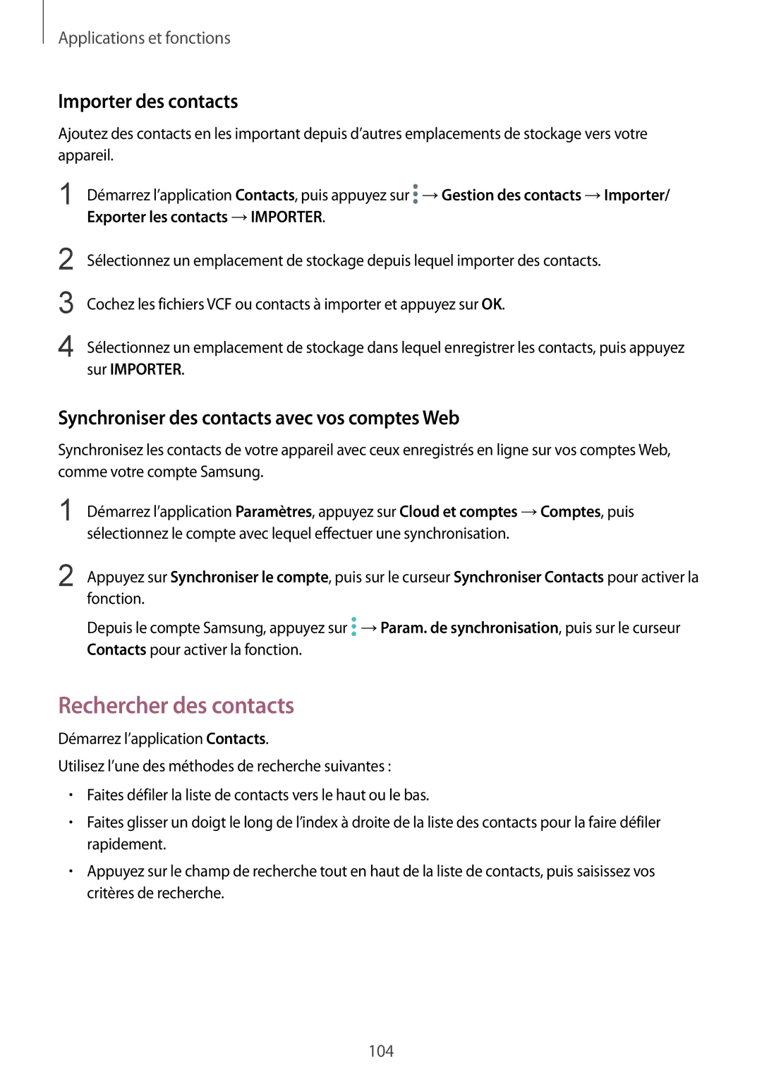 Samsung SM-N950FZKAXEF Rechercher des contacts, Importer des contacts, Synchroniser des contacts avec vos comptes Web 