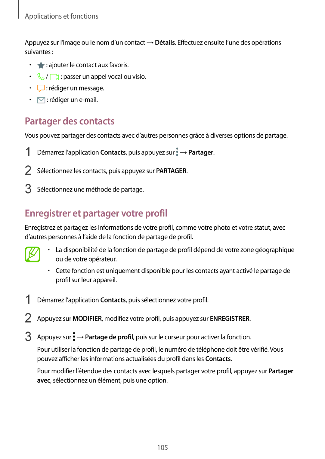 Samsung SM-N950FZBAXEF, SM-N950FZDAXEF, SM-N950FZKAXEF manual Partager des contacts, Enregistrer et partager votre profil 