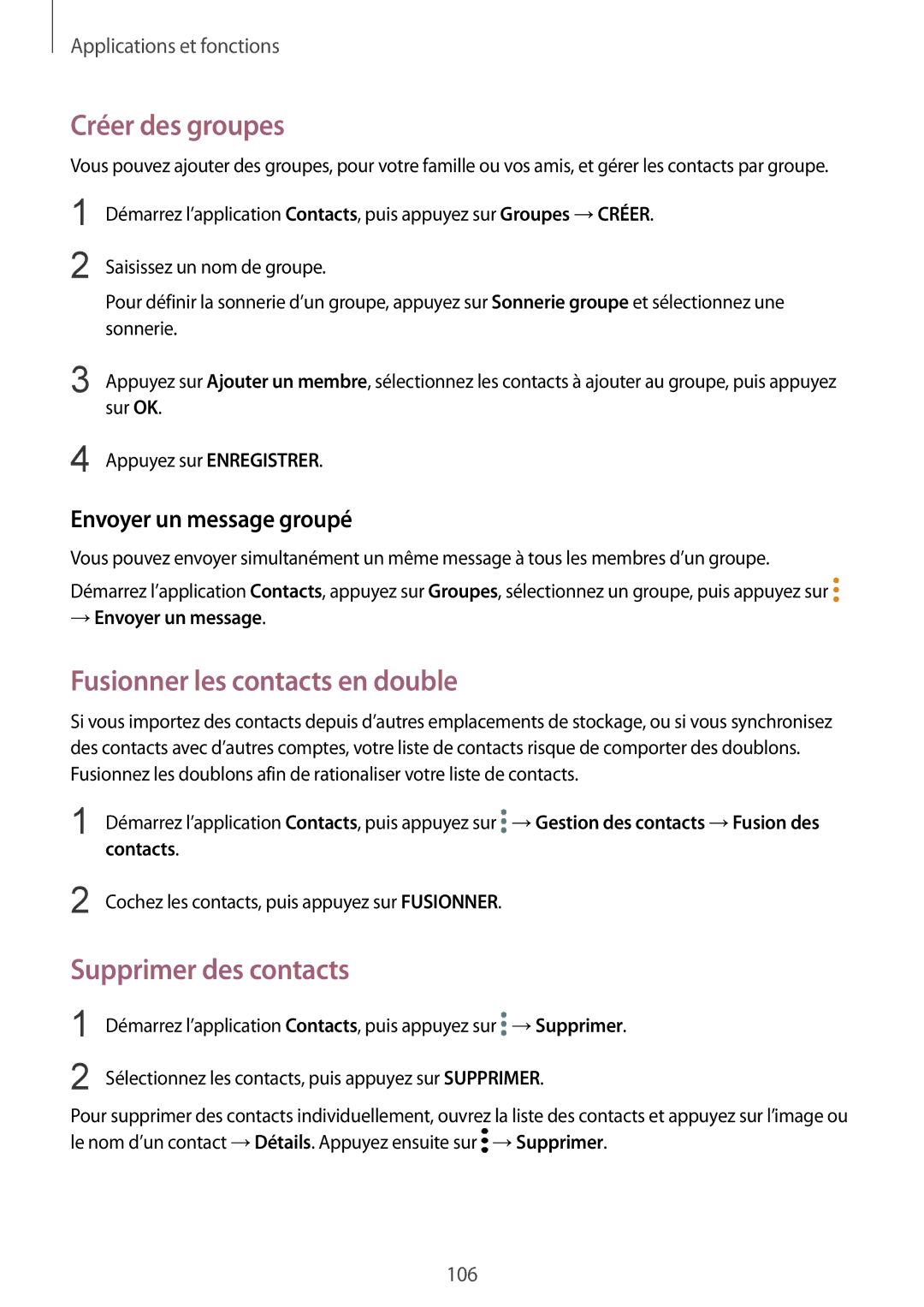 Samsung SM-N950FZDAXEF, SM-N950FZBAXEF manual Créer des groupes, Fusionner les contacts en double, Supprimer des contacts 