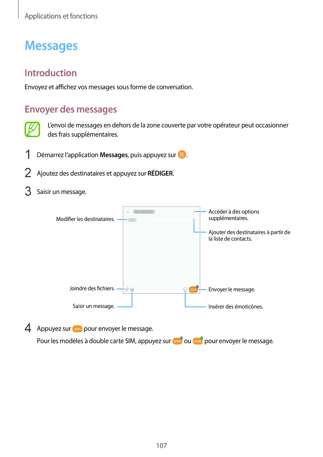 Samsung SM-N950FZKAXEF, SM-N950FZBAXEF, SM-N950FZDAXEF manual Messages, Envoyer des messages 