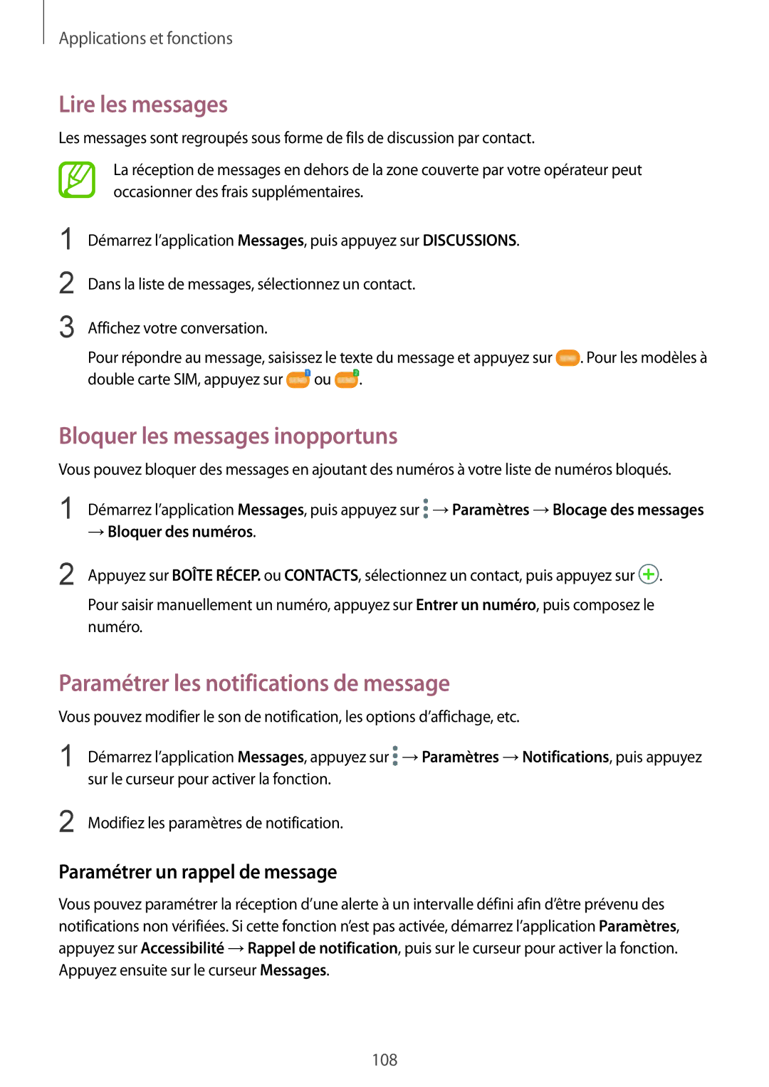 Samsung SM-N950FZBAXEF manual Lire les messages, Bloquer les messages inopportuns, Paramétrer les notifications de message 