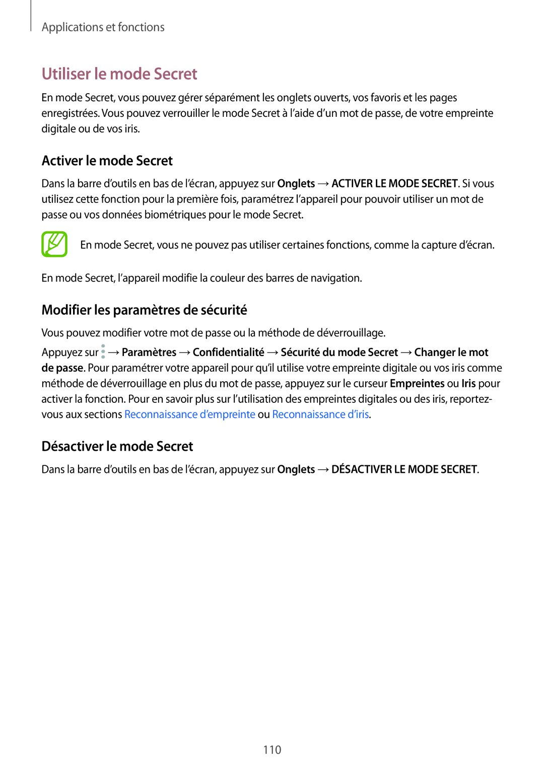 Samsung SM-N950FZKAXEF manual Utiliser le mode Secret, Activer le mode Secret, Modifier les paramètres de sécurité 