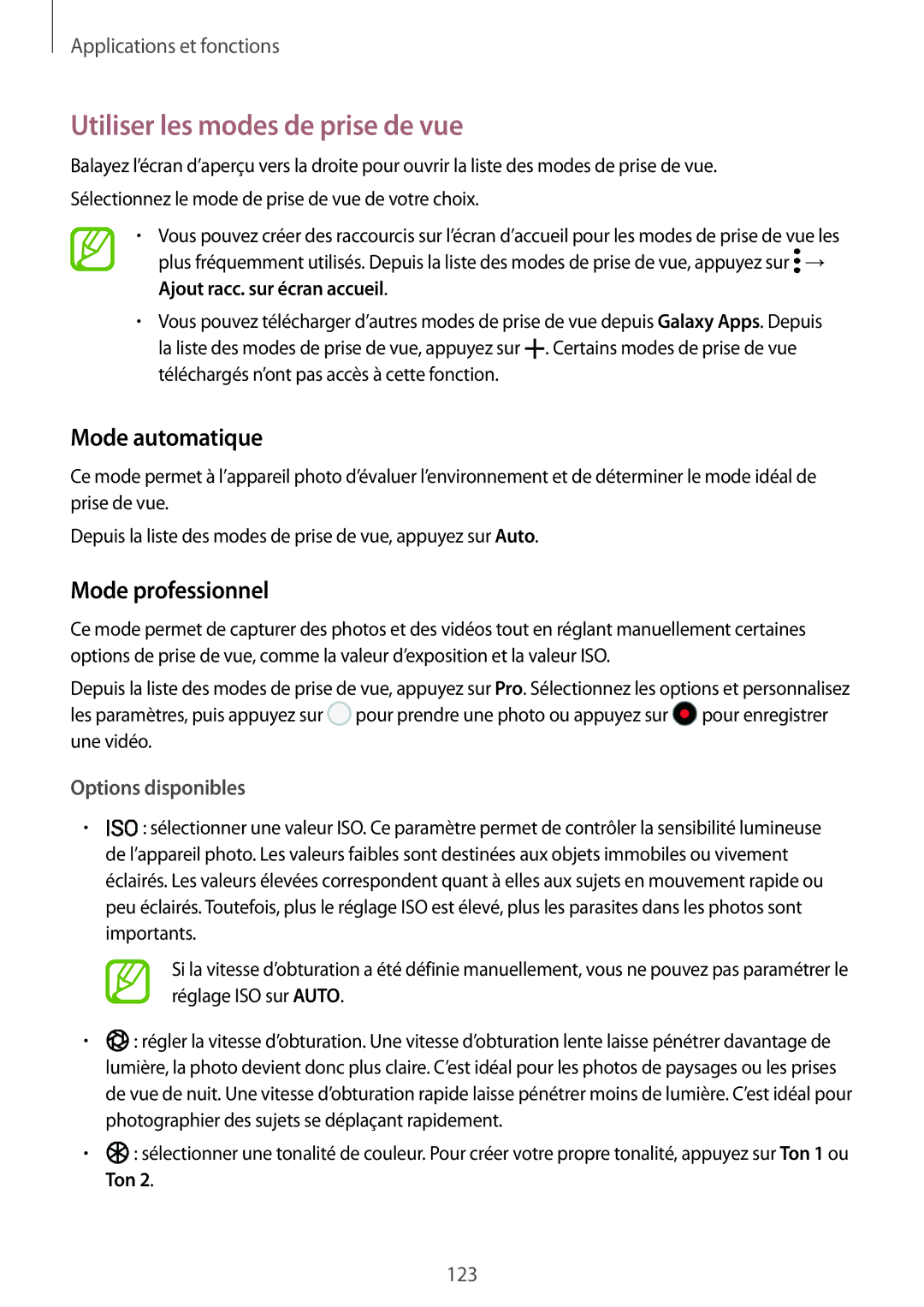 Samsung SM-N950FZBAXEF manual Utiliser les modes de prise de vue, Mode automatique, Mode professionnel, Options disponibles 