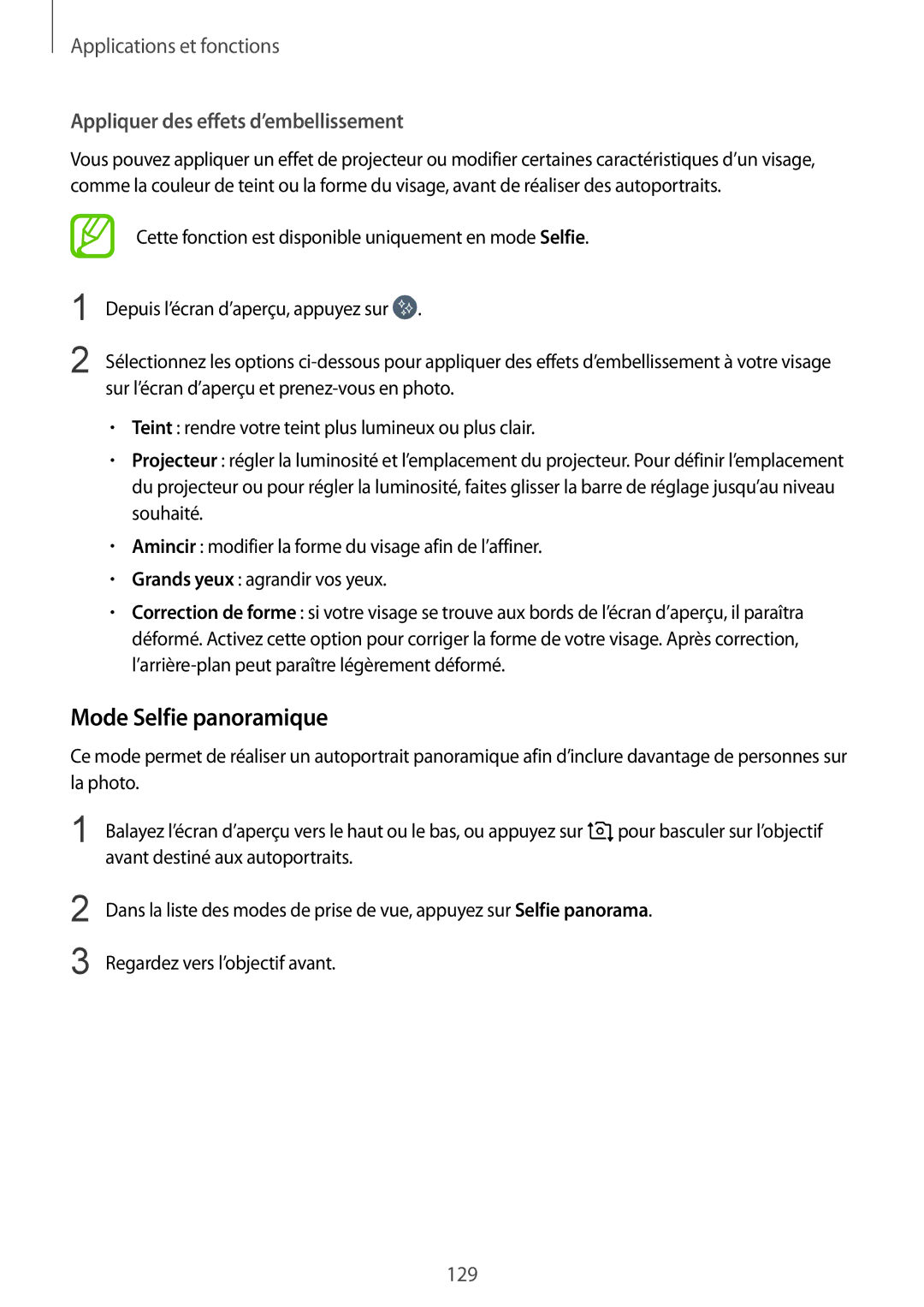 Samsung SM-N950FZBAXEF, SM-N950FZDAXEF, SM-N950FZKAXEF manual Mode Selfie panoramique, Appliquer des effets d’embellissement 