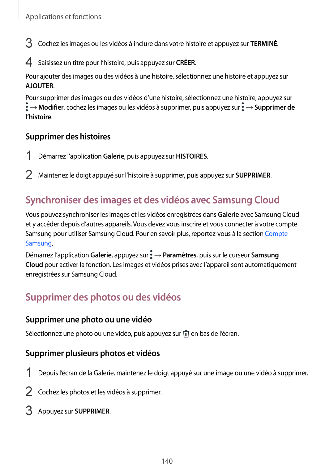 Samsung SM-N950FZKAXEF manual Synchroniser des images et des vidéos avec Samsung Cloud, Supprimer des photos ou des vidéos 