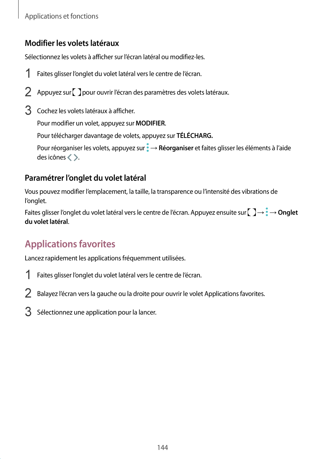 Samsung SM-N950FZBAXEF manual Applications favorites, Modifier les volets latéraux, Paramétrer l’onglet du volet latéral 