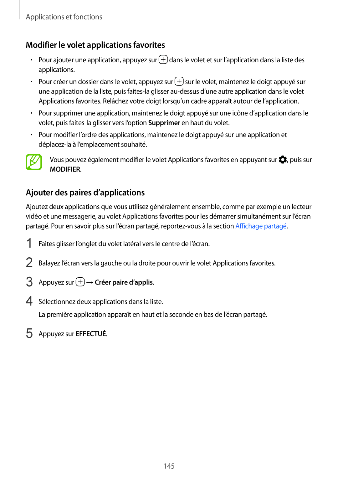 Samsung SM-N950FZDAXEF, SM-N950FZBAXEF manual Modifier le volet applications favorites, Ajouter des paires d’applications 