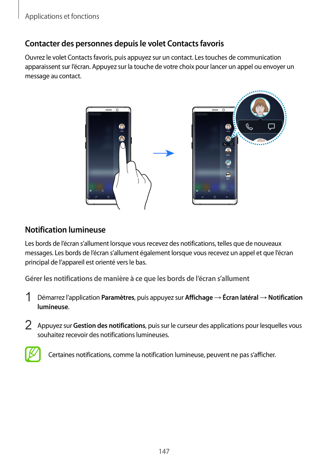 Samsung SM-N950FZBAXEF, SM-N950FZDAXEF Contacter des personnes depuis le volet Contacts favoris, Notification lumineuse 