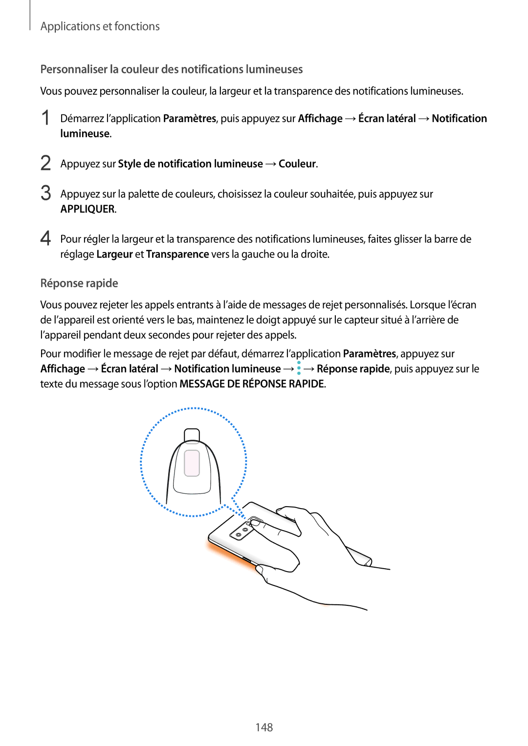 Samsung SM-N950FZDAXEF, SM-N950FZBAXEF manual Personnaliser la couleur des notifications lumineuses, Réponse rapide 