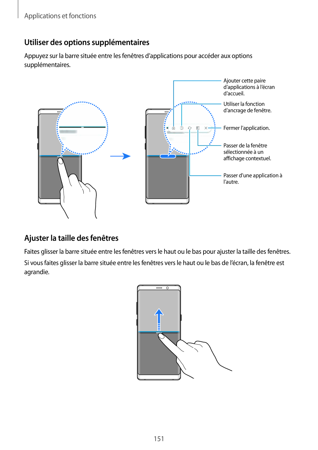 Samsung SM-N950FZDAXEF, SM-N950FZBAXEF, SM-N950FZKAXEF Utiliser des options supplémentaires, Ajuster la taille des fenêtres 