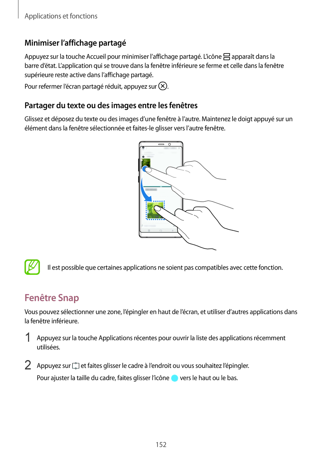 Samsung SM-N950FZKAXEF Fenêtre Snap, Minimiser l’affichage partagé, Partager du texte ou des images entre les fenêtres 