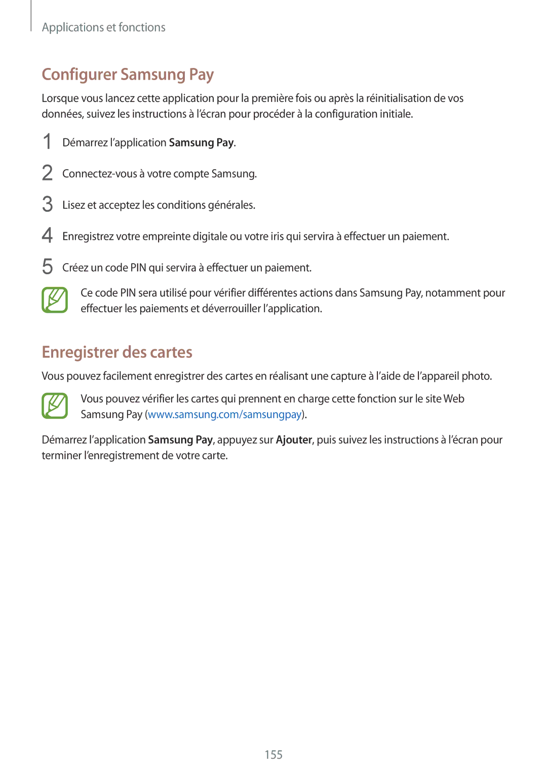 Samsung SM-N950FZKAXEF, SM-N950FZBAXEF, SM-N950FZDAXEF manual Configurer Samsung Pay, Enregistrer des cartes 