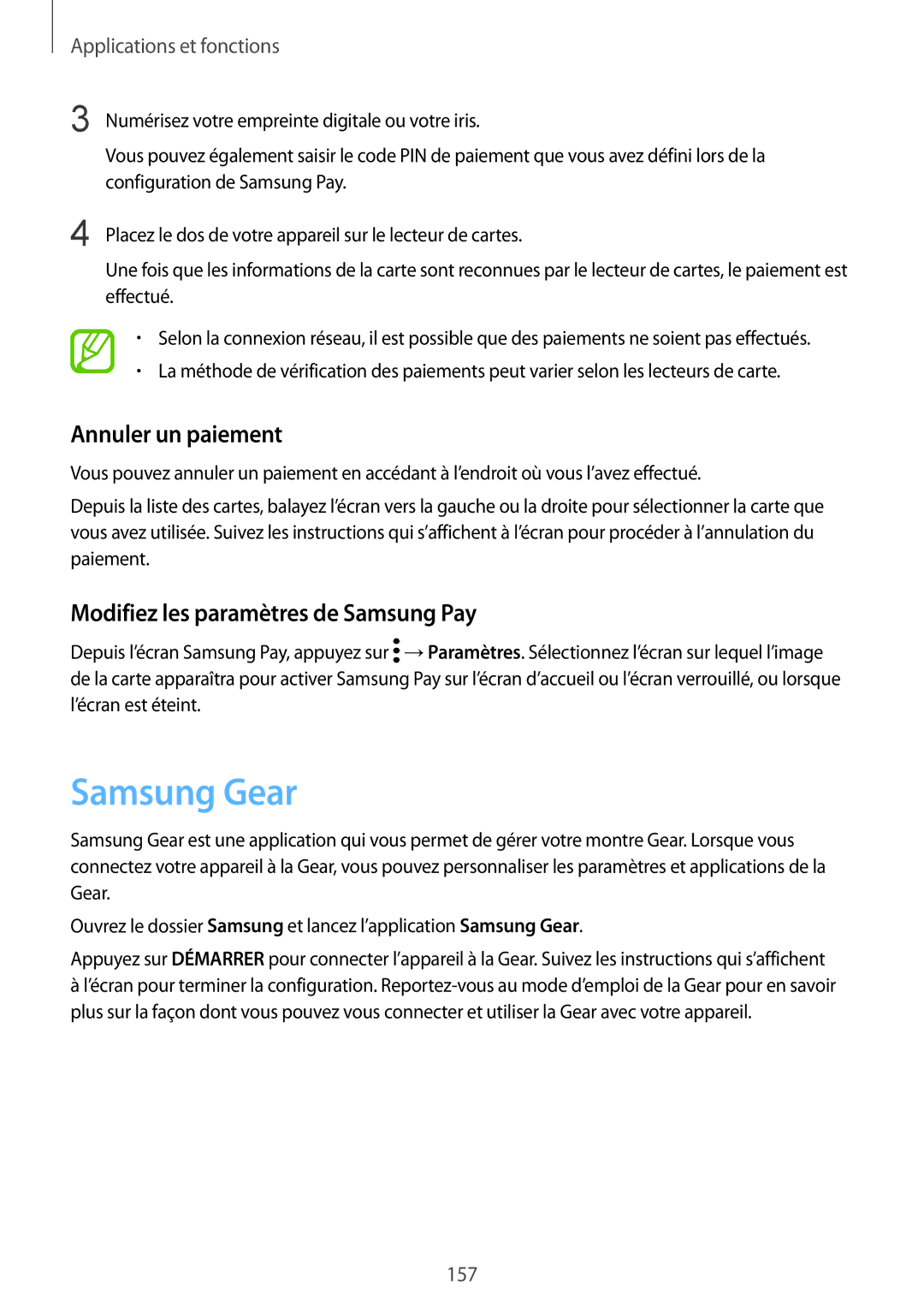 Samsung SM-N950FZDAXEF, SM-N950FZBAXEF manual Samsung Gear, Annuler un paiement, Modifiez les paramètres de Samsung Pay 