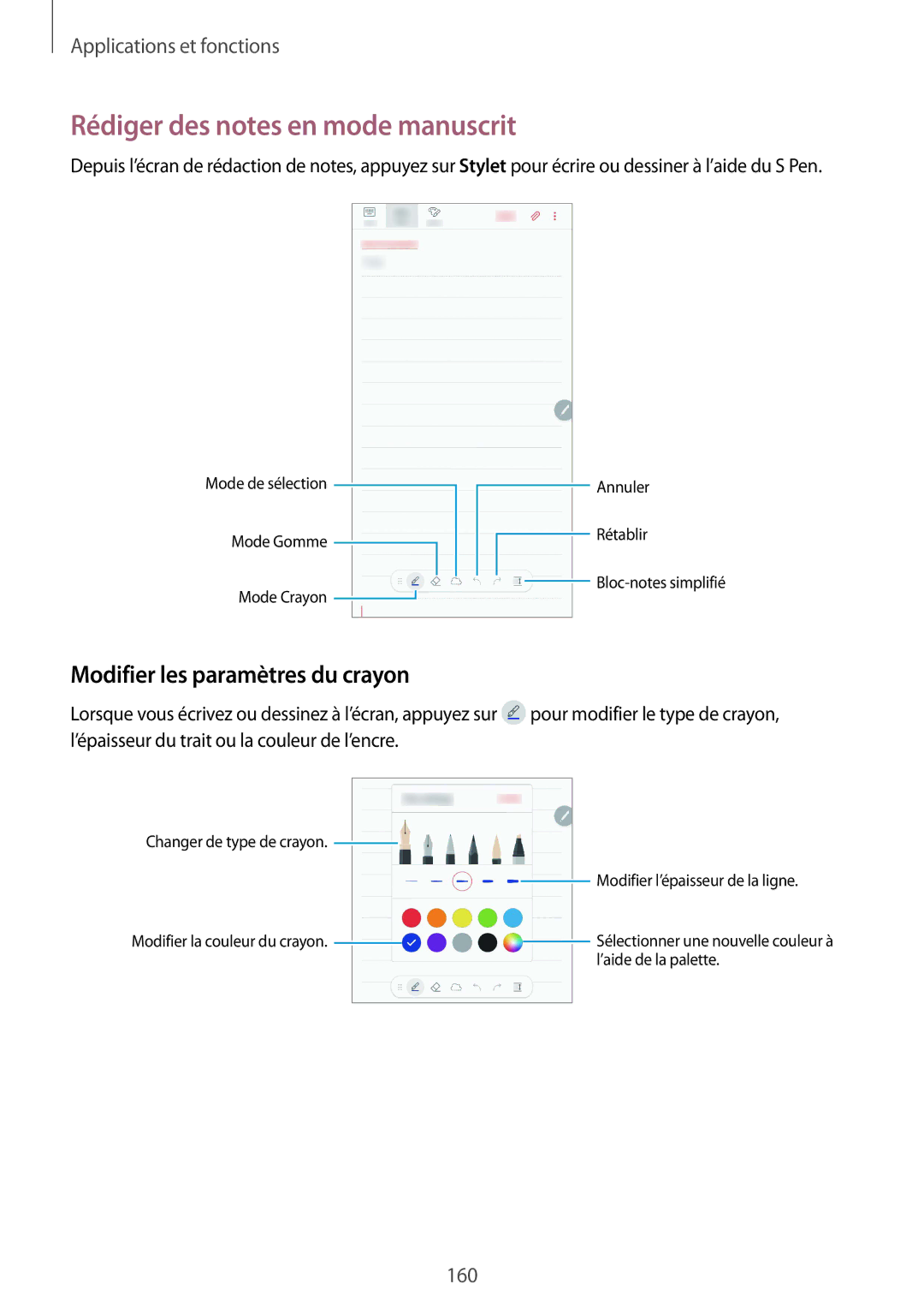 Samsung SM-N950FZDAXEF, SM-N950FZBAXEF manual Rédiger des notes en mode manuscrit, Modifier les paramètres du crayon 