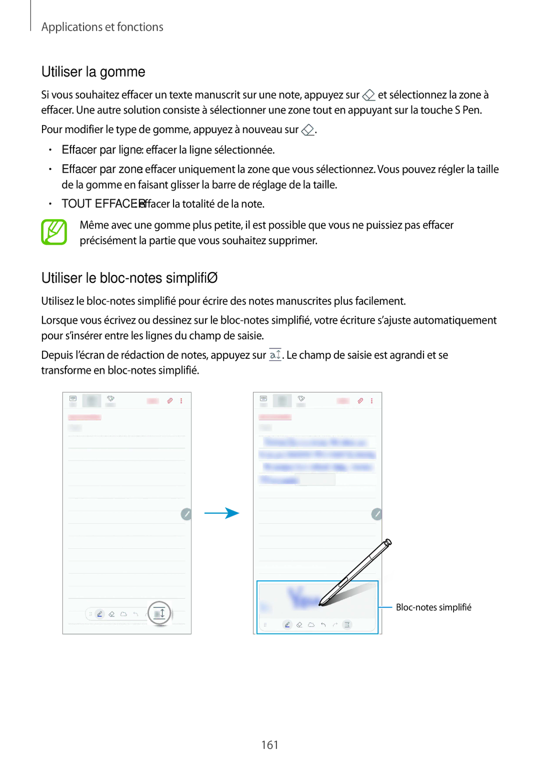 Samsung SM-N950FZKAXEF, SM-N950FZBAXEF, SM-N950FZDAXEF manual Utiliser la gomme, Utiliser le bloc-notes simplifié 