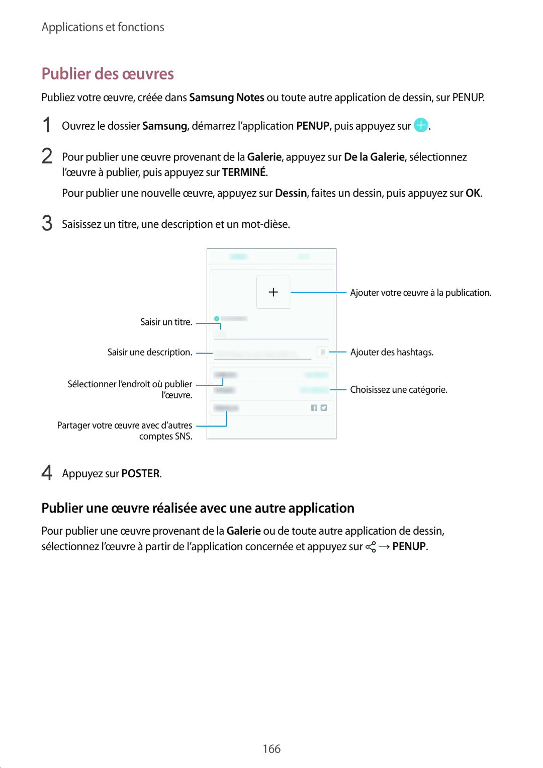 Samsung SM-N950FZDAXEF, SM-N950FZBAXEF manual Publier des œuvres, Publier une œuvre réalisée avec une autre application 