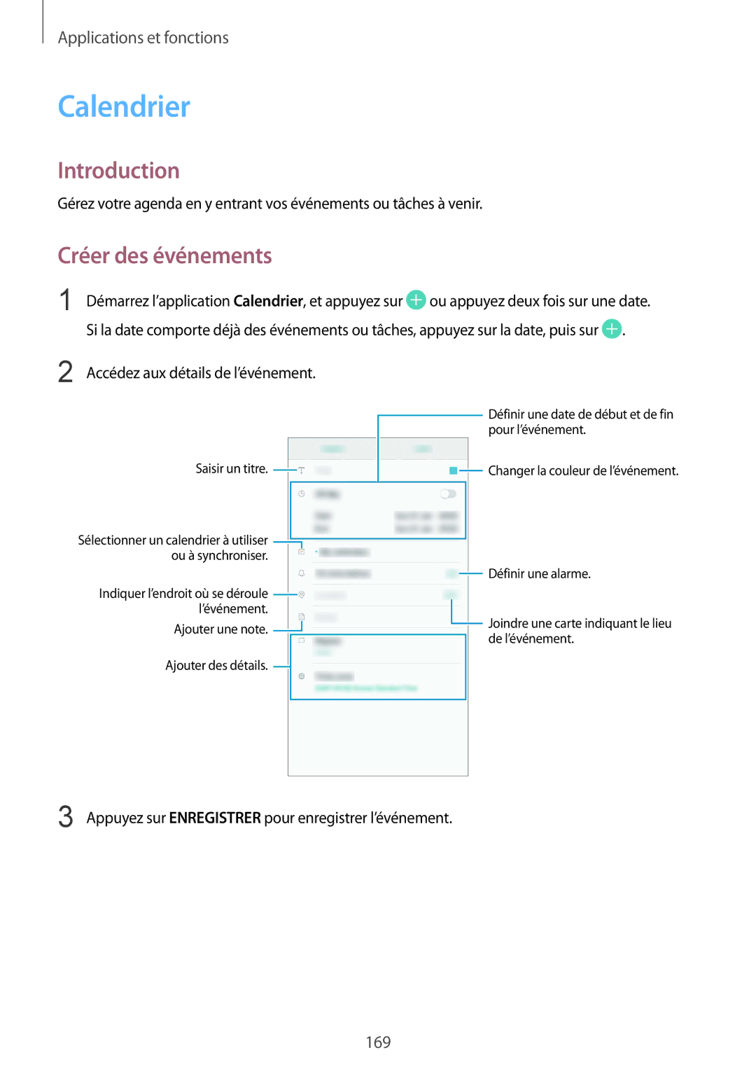 Samsung SM-N950FZDAXEF, SM-N950FZBAXEF, SM-N950FZKAXEF manual Calendrier, Créer des événements 
