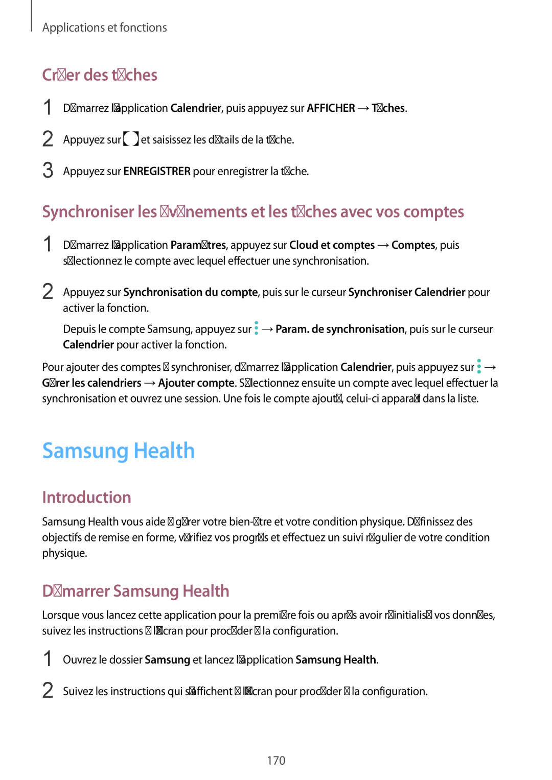 Samsung SM-N950FZKAXEF manual Samsung Health, Créer des tâches, Synchroniser les événements et les tâches avec vos comptes 