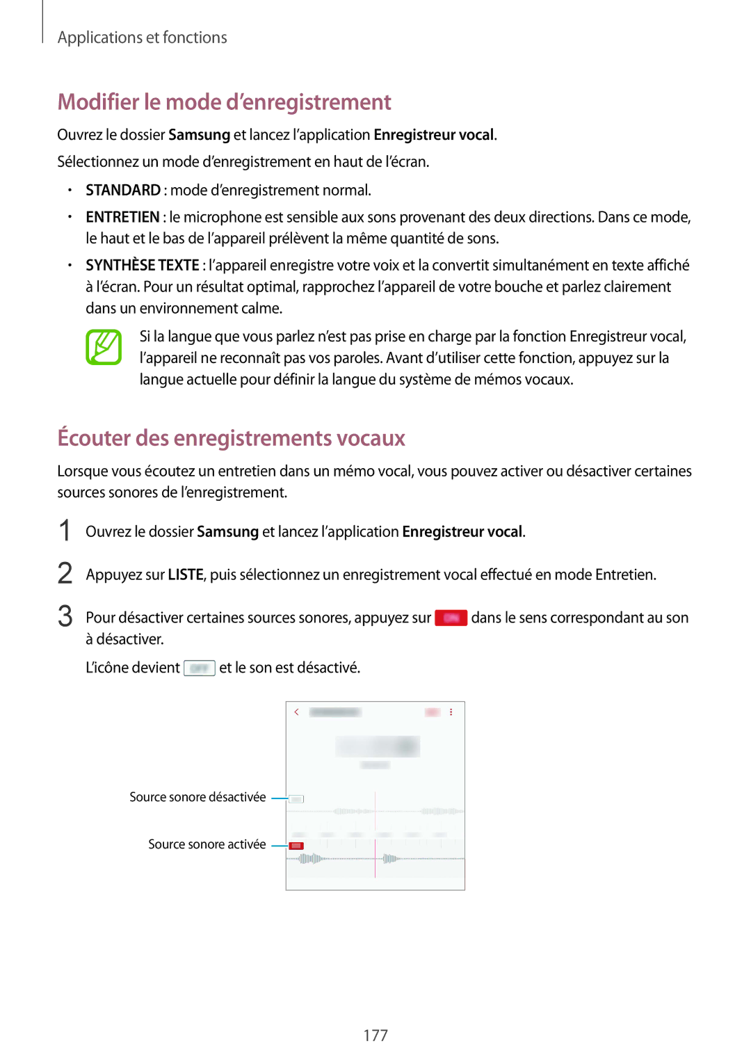 Samsung SM-N950FZBAXEF, SM-N950FZDAXEF manual Modifier le mode d’enregistrement, Écouter des enregistrements vocaux 