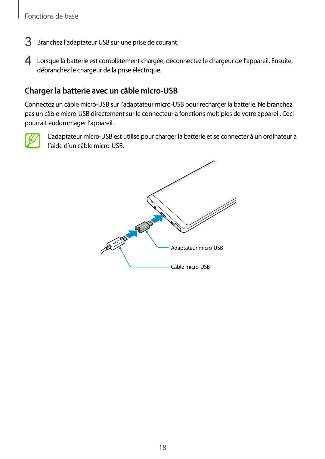 Samsung SM-N950FZBAXEF, SM-N950FZDAXEF, SM-N950FZKAXEF manual Charger la batterie avec un câble micro-USB 