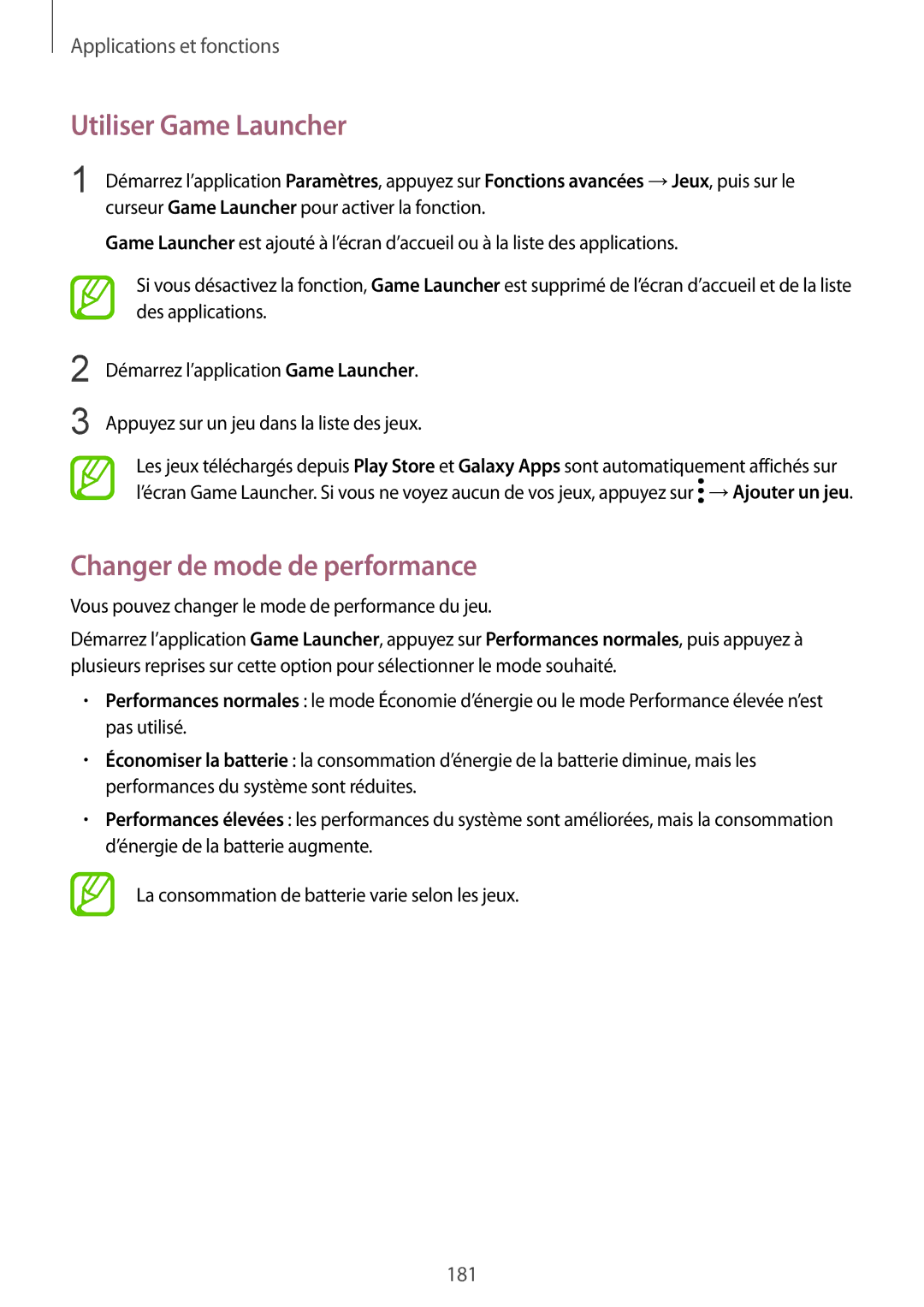 Samsung SM-N950FZDAXEF, SM-N950FZBAXEF, SM-N950FZKAXEF manual Utiliser Game Launcher, Changer de mode de performance 