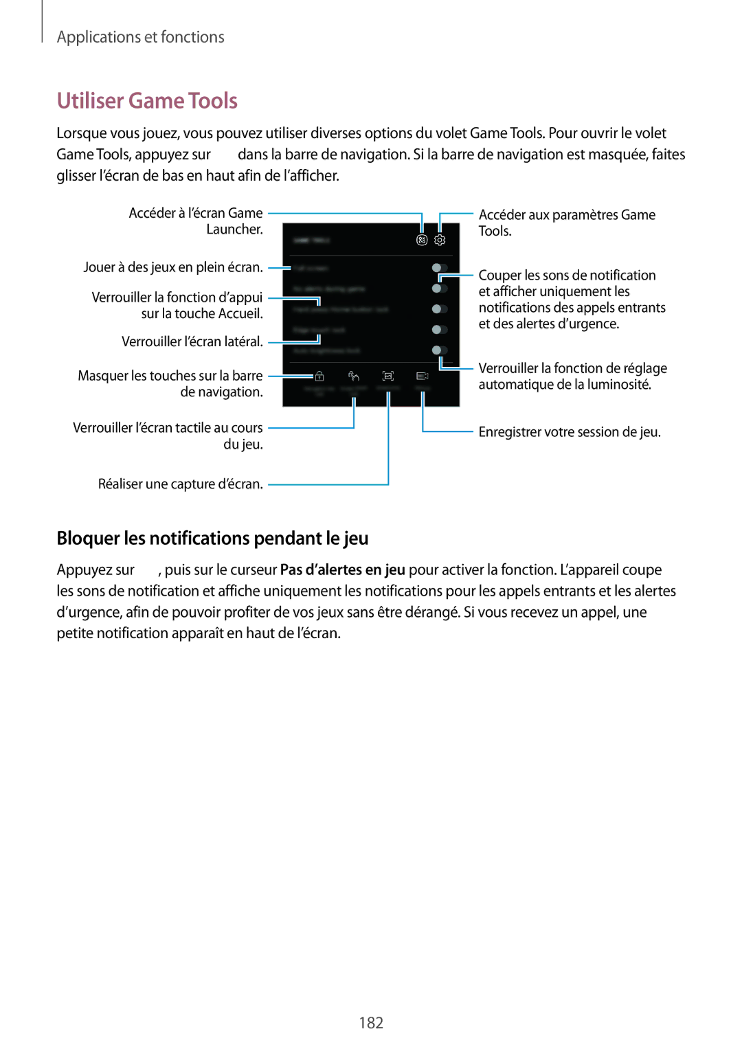 Samsung SM-N950FZKAXEF, SM-N950FZBAXEF, SM-N950FZDAXEF manual Utiliser Game Tools, Bloquer les notifications pendant le jeu 