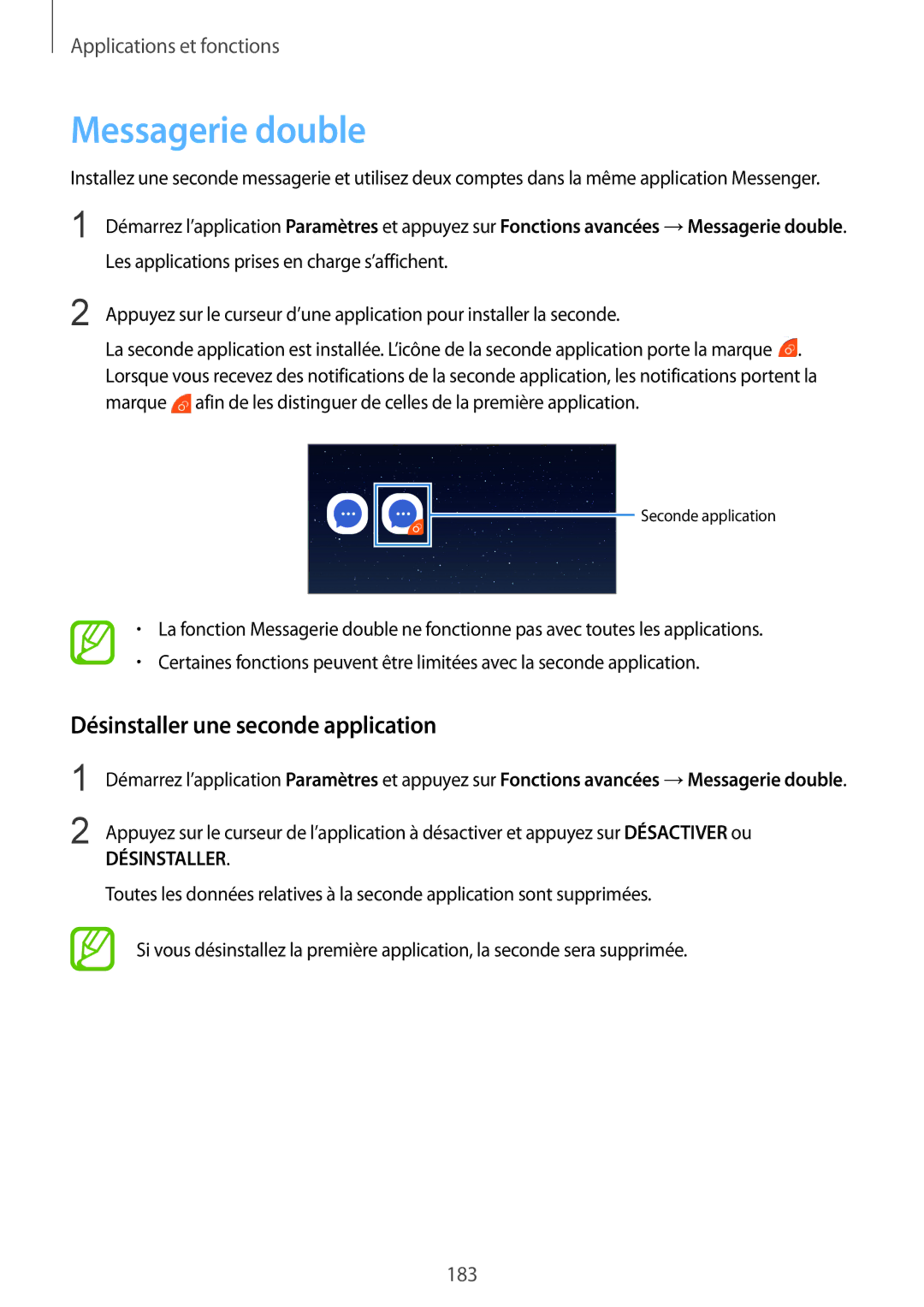 Samsung SM-N950FZBAXEF, SM-N950FZDAXEF, SM-N950FZKAXEF manual Messagerie double, Désinstaller une seconde application 