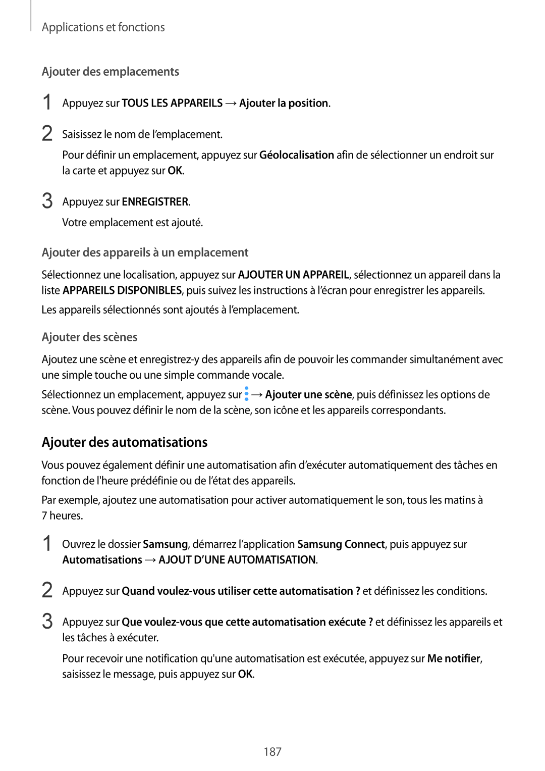 Samsung SM-N950FZDAXEF manual Ajouter des automatisations, Ajouter des emplacements, Ajouter des appareils à un emplacement 