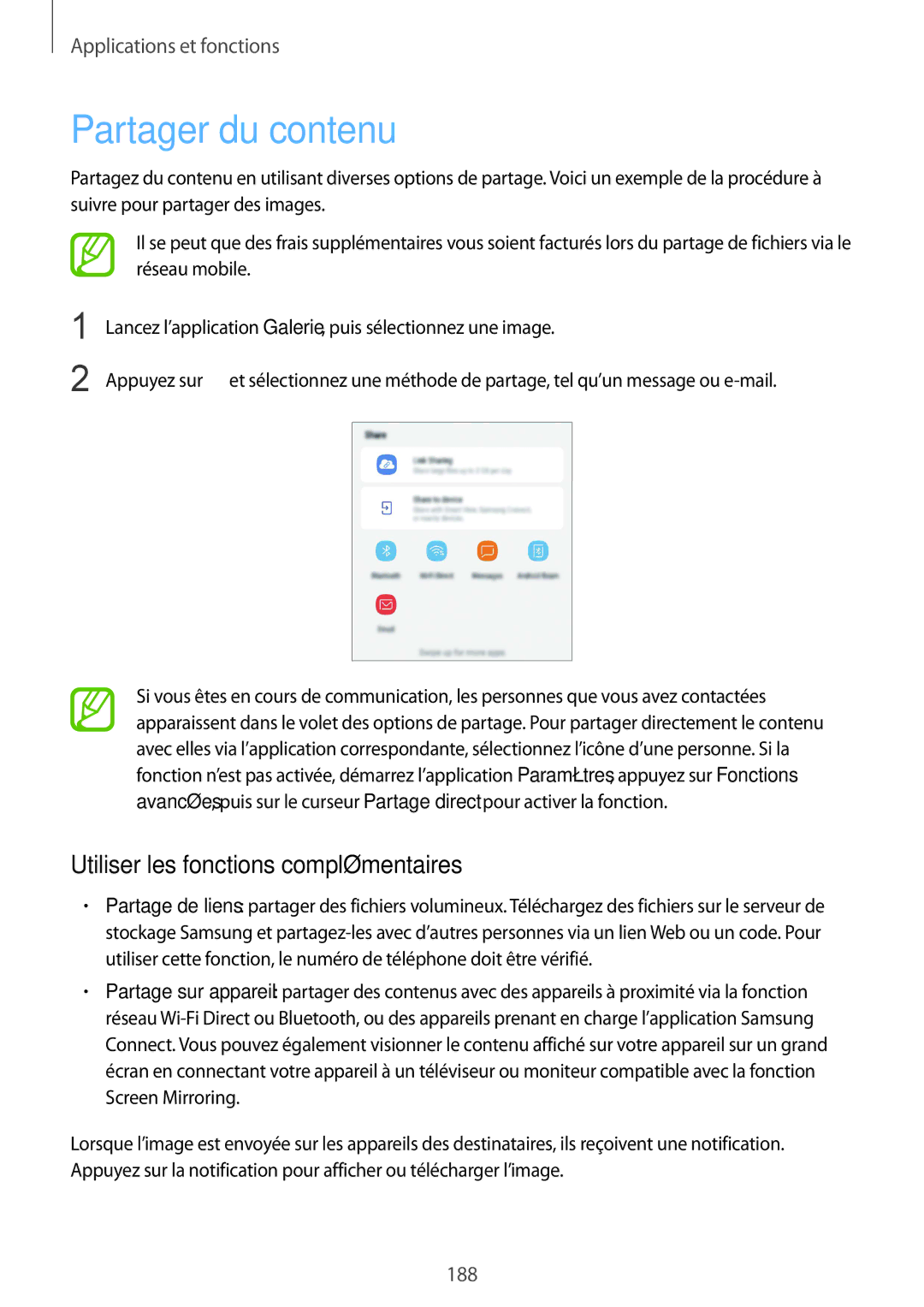 Samsung SM-N950FZKAXEF, SM-N950FZBAXEF, SM-N950FZDAXEF manual Partager du contenu, Utiliser les fonctions complémentaires 