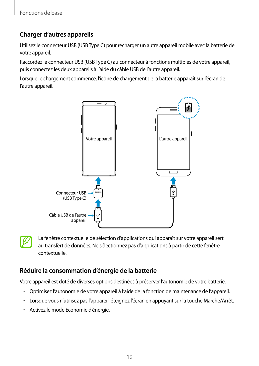 Samsung SM-N950FZDAXEF, SM-N950FZBAXEF manual Charger d’autres appareils, Réduire la consommation d’énergie de la batterie 