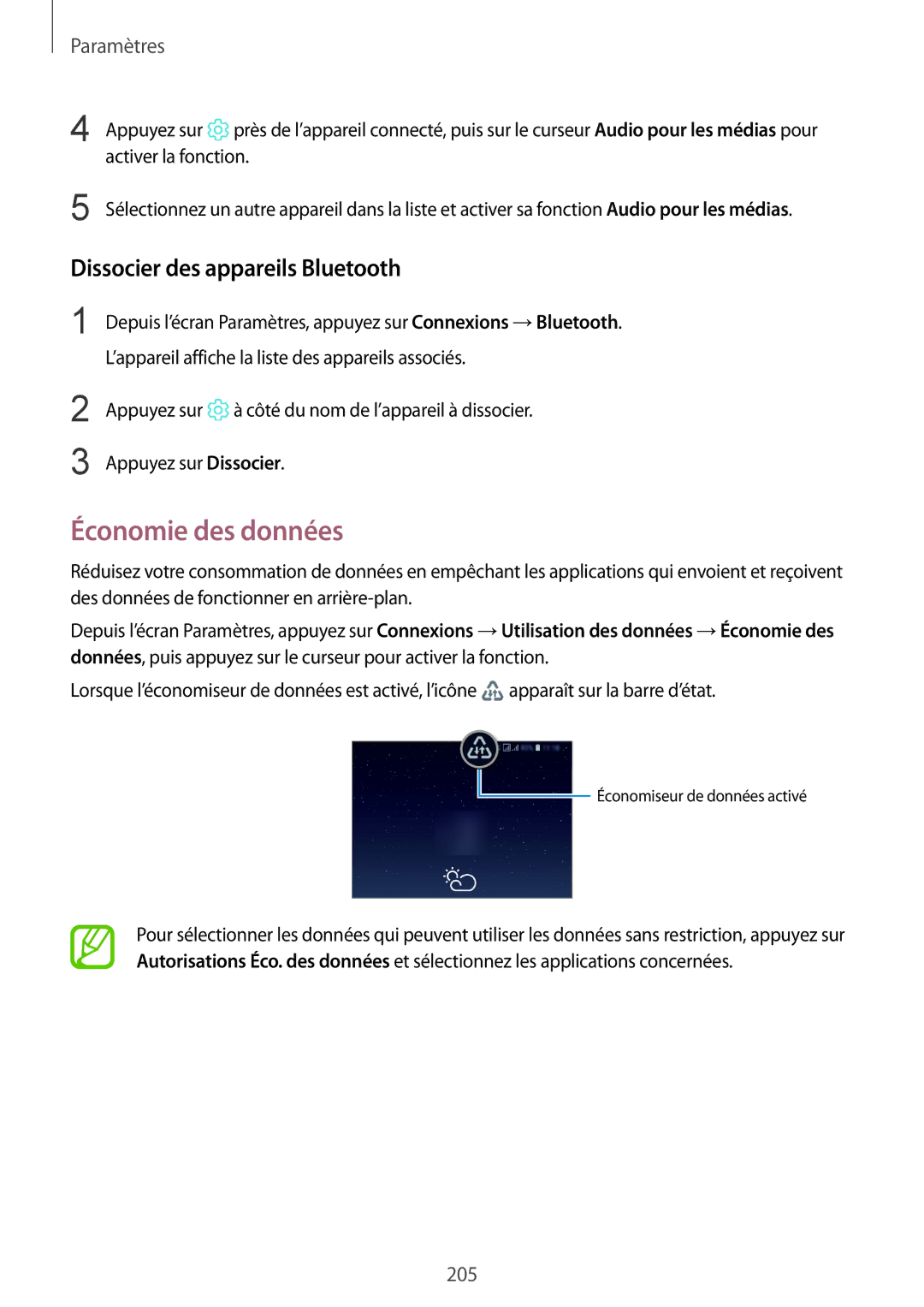 Samsung SM-N950FZDAXEF, SM-N950FZBAXEF, SM-N950FZKAXEF manual Économie des données, Dissocier des appareils Bluetooth 