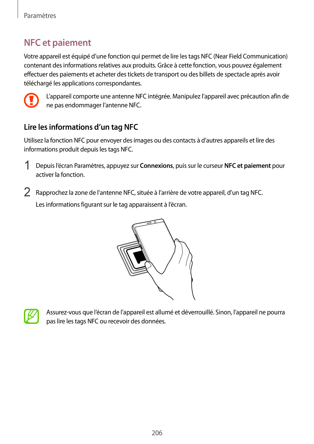 Samsung SM-N950FZKAXEF, SM-N950FZBAXEF, SM-N950FZDAXEF manual NFC et paiement, Lire les informations d’un tag NFC 