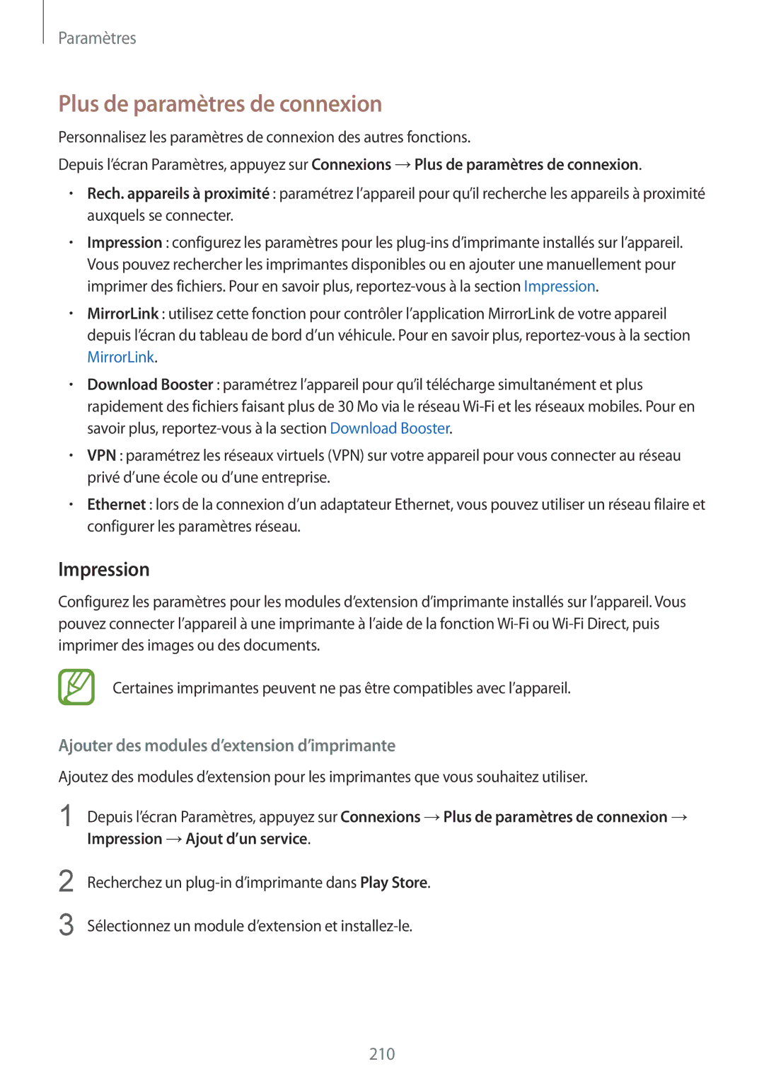 Samsung SM-N950FZBAXEF manual Plus de paramètres de connexion, Impression, Ajouter des modules d’extension d’imprimante 